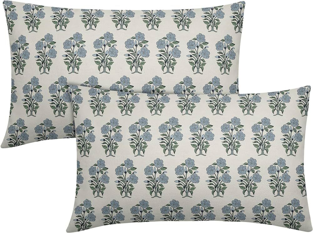 Blue Green Floral Block Print Lumbar Pillow Covers 12x20 Set of 2 Chinoiserie Flower Leaves Outdo... | Amazon (US)