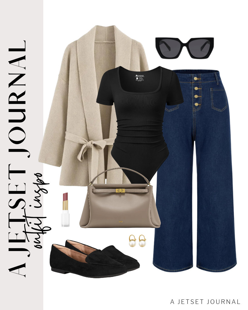 HOULENGS belted wrap knit cardigan plus a short-sleeve bodysuit paired with Belle Poque high-waisted jeans is the last outfit. Accessorize this fit with pearl drop earrings and SOJOS polarized sunnies. Amazon Essentials loafer flats are also perfect for the look! 

 #LTKSeasonal #LTKSaleAlert #LTKTravel