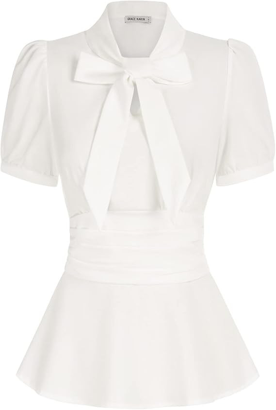 GRACE KARIN Women's Office Bow Tie Blouse Puff Sleeve Peplum Dressy Shirt Smocked Waist | Amazon (US)