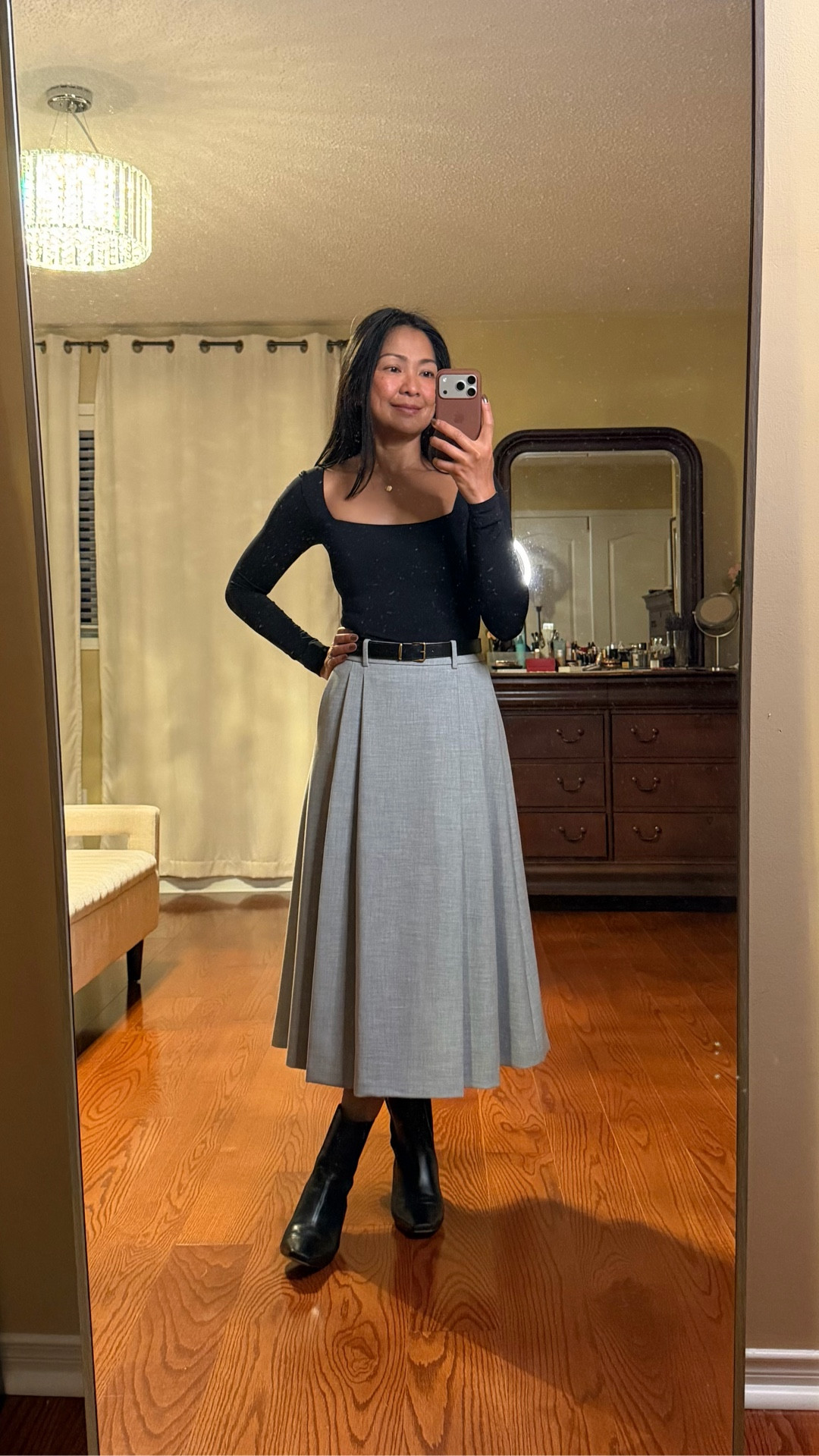 Gray maxi skirt with pleats, black bodysuit, black ankle boots

#LTKworkwear #LTKfall #LTKpetite