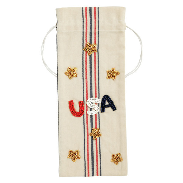 Mud Pie USA Beaded Wine Bag in White | Cotton/Polyester/Rayon | Mud Pie