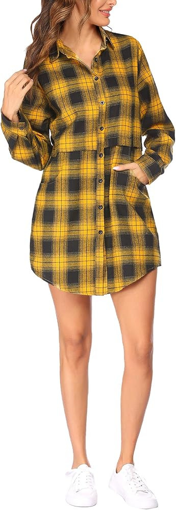 Hotouch Womens Flannel Plaid Shirts Roll Up Long Sleeve Pockets Mid-Long Casual Boyfriend Shirts | Amazon (US)