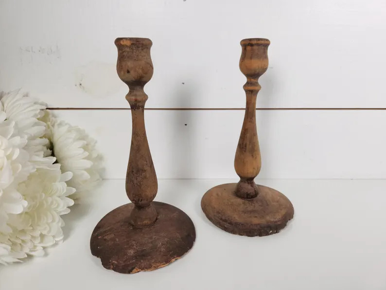 Antique Very Weathered Primitive Turned Wood Candlestick Holders- Rustic Farmhouse- Distressed Wo... | Etsy (US)