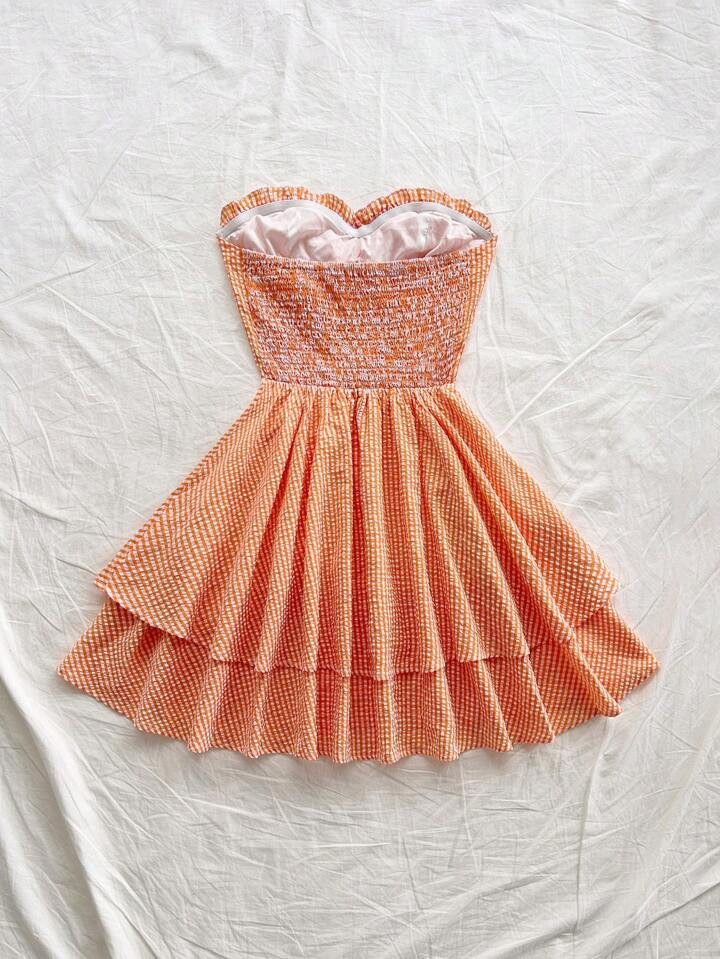 Soleia Women's Vacation Romantic Casual Countryside Picnic Plaid Ruched Tube Top Multilayer Skirt... | SHEIN