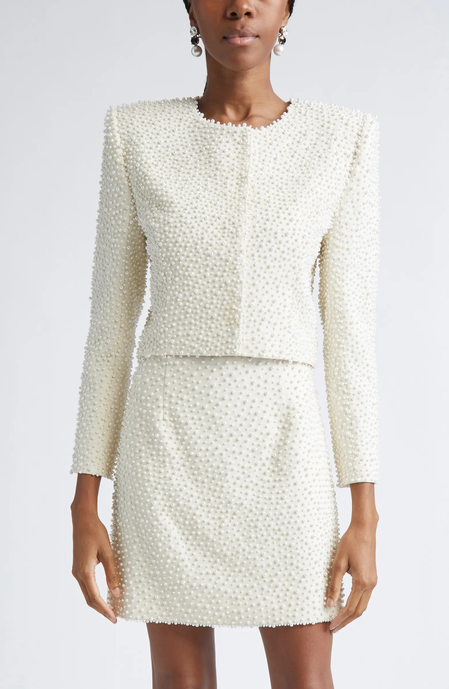 Carolina Herrera Faux Pearl Embellished Crop Jacket | Nordstrom | Nordstrom