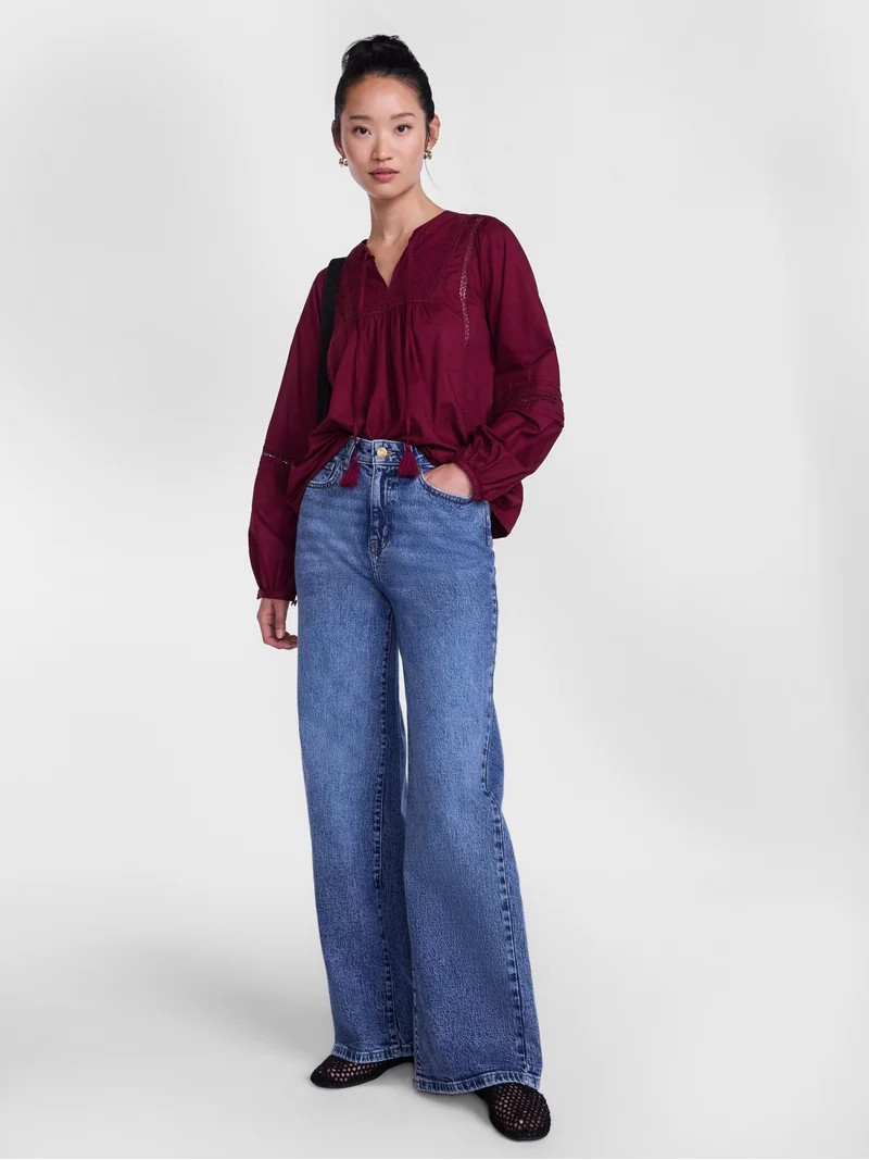 Scenario Women's and Women's Plus Embroidery Top with Lace Inserts, Sizes XS-4X | Walmart (US)