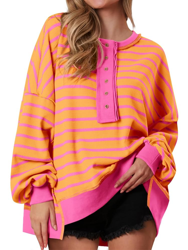 PRETTYGARDEN Womens Fall 2025 Striped Oversized Sweatshirt Long Sleeve Button Up Henley Neck Waff... | Amazon (US)