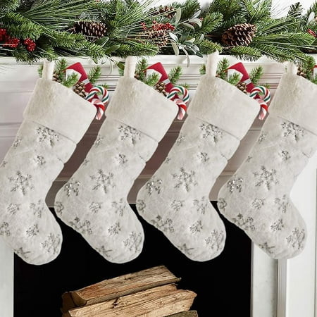 Christmas Stockings 4 Pack 19 Inch Large Faux Fur Xmas Stocking with Silver Sequin Snowflakes for Fa | Walmart (US)