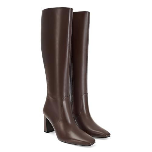 SOVANYOU Knee High Boots for Women Brown Leather Chunky Heeled Boots Fashion Dress Square Toe Tall Boot With Side Zipper | Amazon (US)