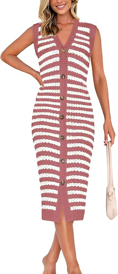 BTFBM Casual Women Spring Dresses 2025 Sleeveless Striped Midi Button Down Dress Ribbed Knit Card... | Amazon (US)