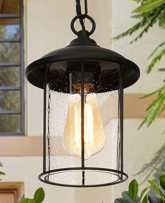 LALUZ Farmhouse Exterior Porch Light Outdoor Lantern 1-Light Pendant Light with Seeded Glass, Out... | Amazon (US)