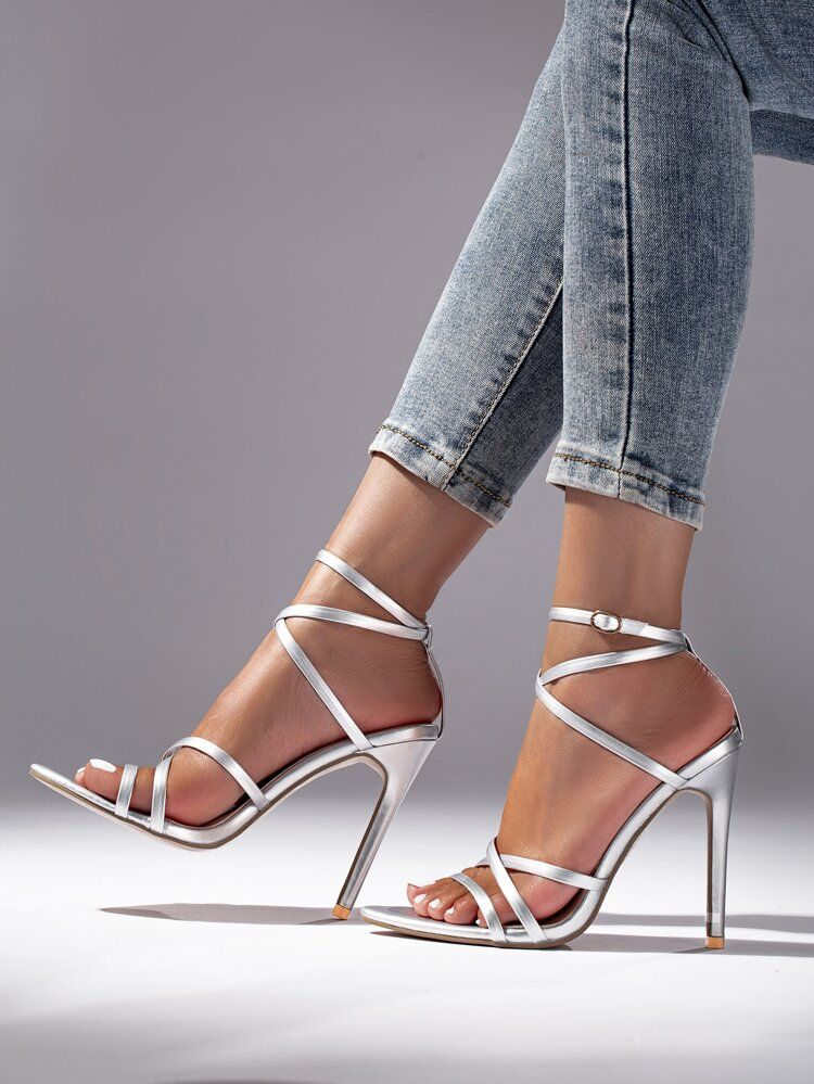 Metallic Stiletto Heeled Ankle Strap Sandals | SHEIN