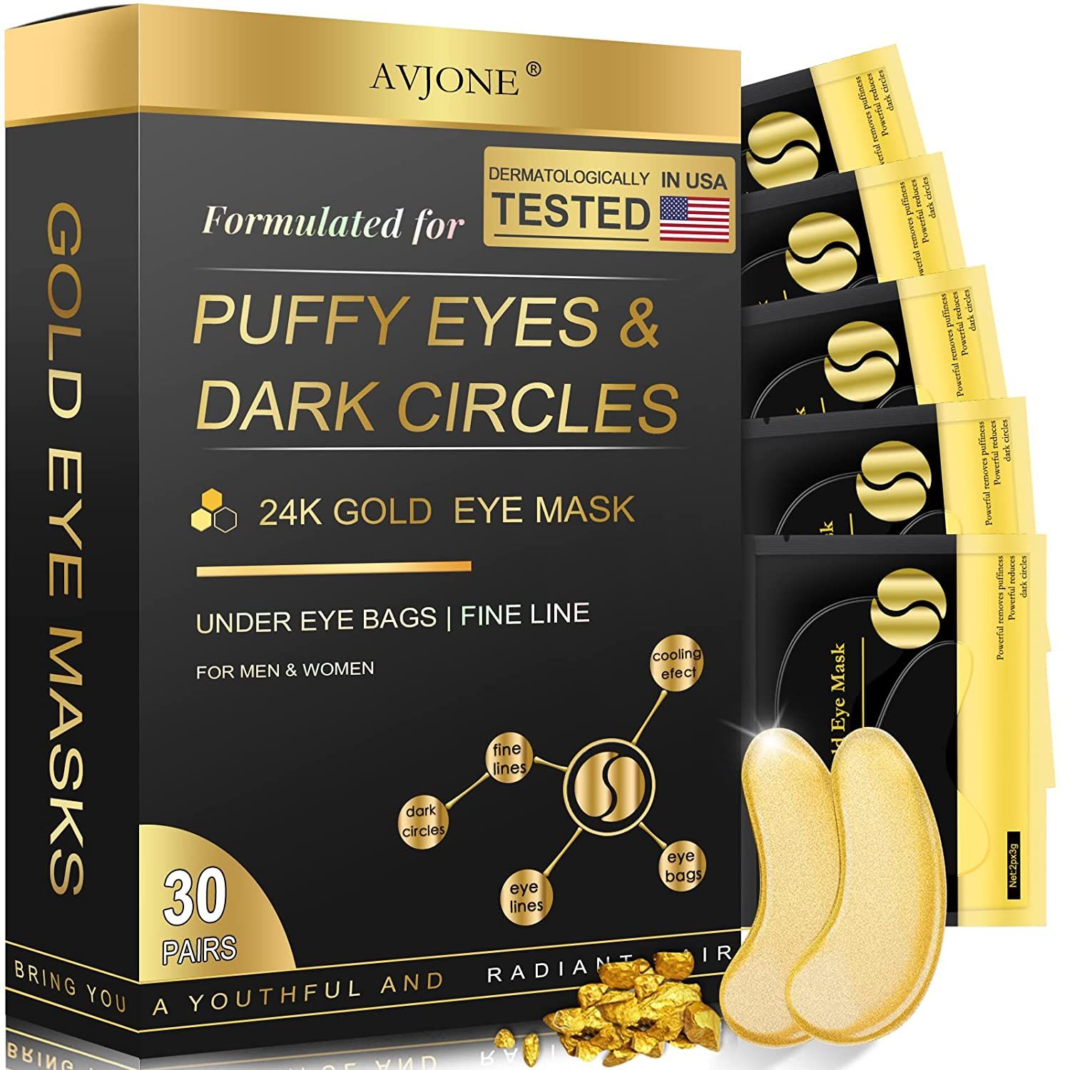 AVJONE 24K Gold Eye Mask - 30 Pairs Puffy Eyes and Dark Circles Treatments - Relieve Pressure and... | Amazon (US)