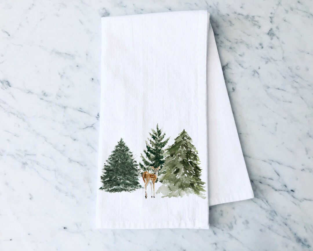 Fawn and Trees Rustic Holiday Kitchen Tea Towel for Home Decor, Rustic Woodland Deer and Evergree... | Etsy (US)