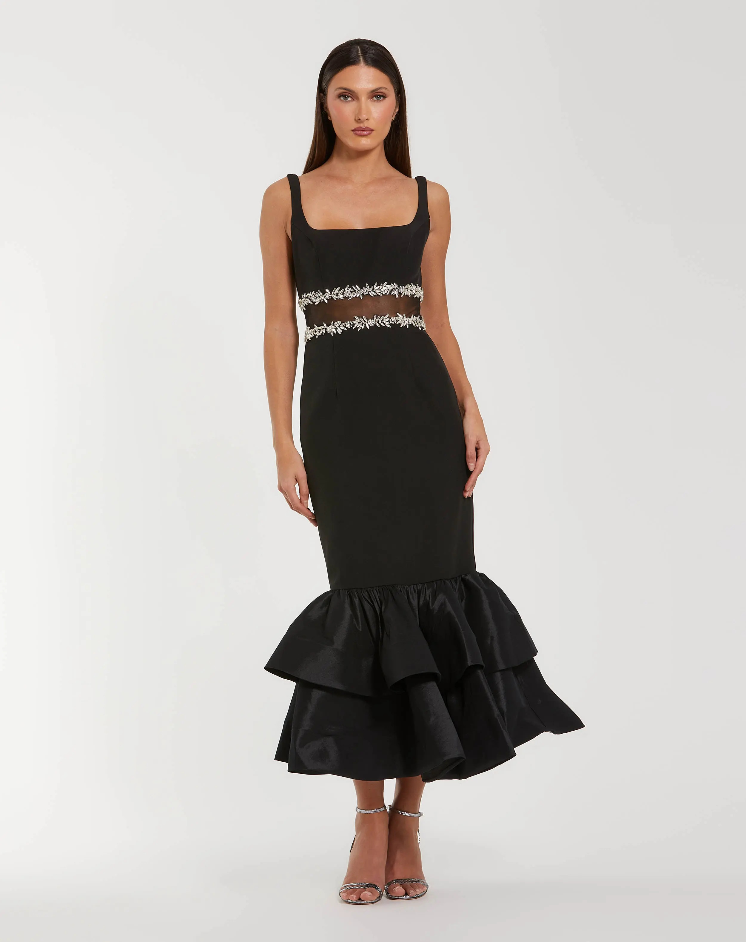 Black Crepe Ruffle Hem Midi Dress With Jewel Detail | Mac Duggal | Mac Duggal