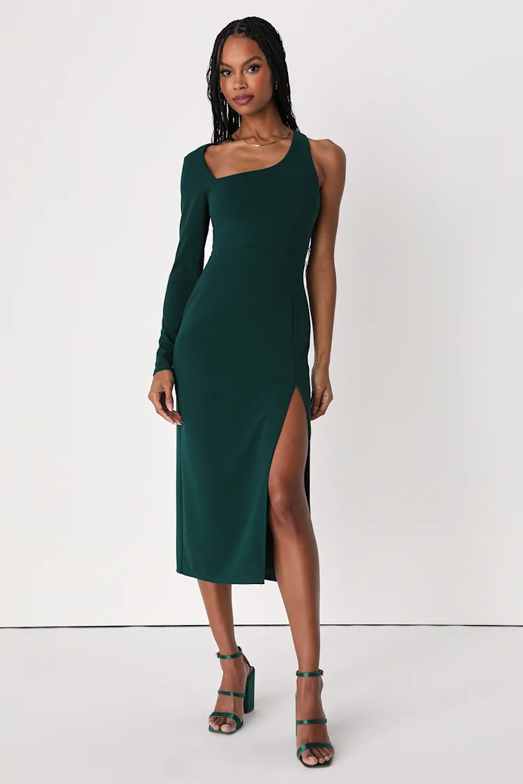 Stunning Drama Emerald Green Asymmetrical Long Sleeve Midi Dress | Lulus (US)