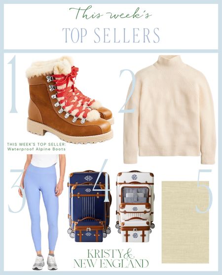 Best sellers this week: waterproof alpine winter boots (on sale), cashmere rollneck sweater winter white, light blue workout leggings, terminal 1 luggage, peel and stick grasscloth society social

#LTKhome #LTKover40 #LTKsalealert