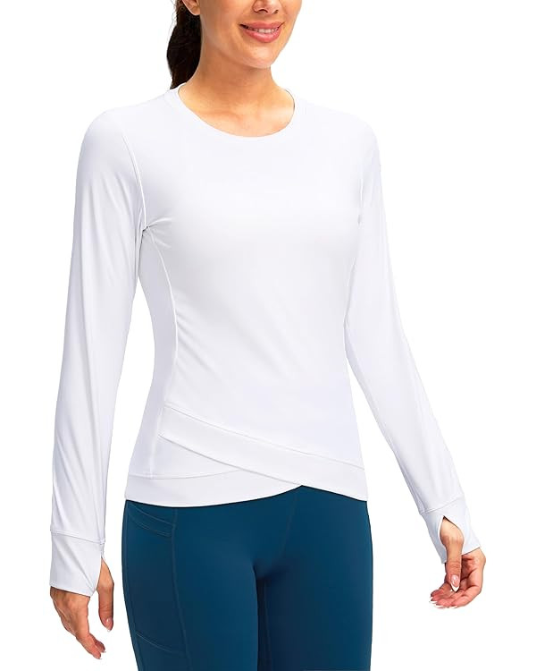 SANTINY Women's Long Sleeve Workout Tops Athletic Compression Shirts Cross Hem Running Gym Yoga S... | Amazon (US)