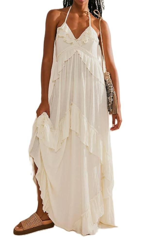 NUFIWI Sexy V Neck Backless Asymmetrical Ruffle Maxi Dress Halter Neck Sleeveless Long Dress Cuto... | Amazon (US)