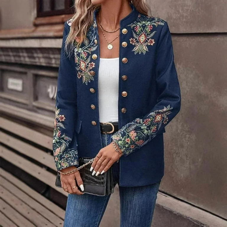 MORTTIC Women's Vintage Floral Print Double-Breasted Blazer Elegant Stand Collar Long Sleeve Jack... | Walmart (US)