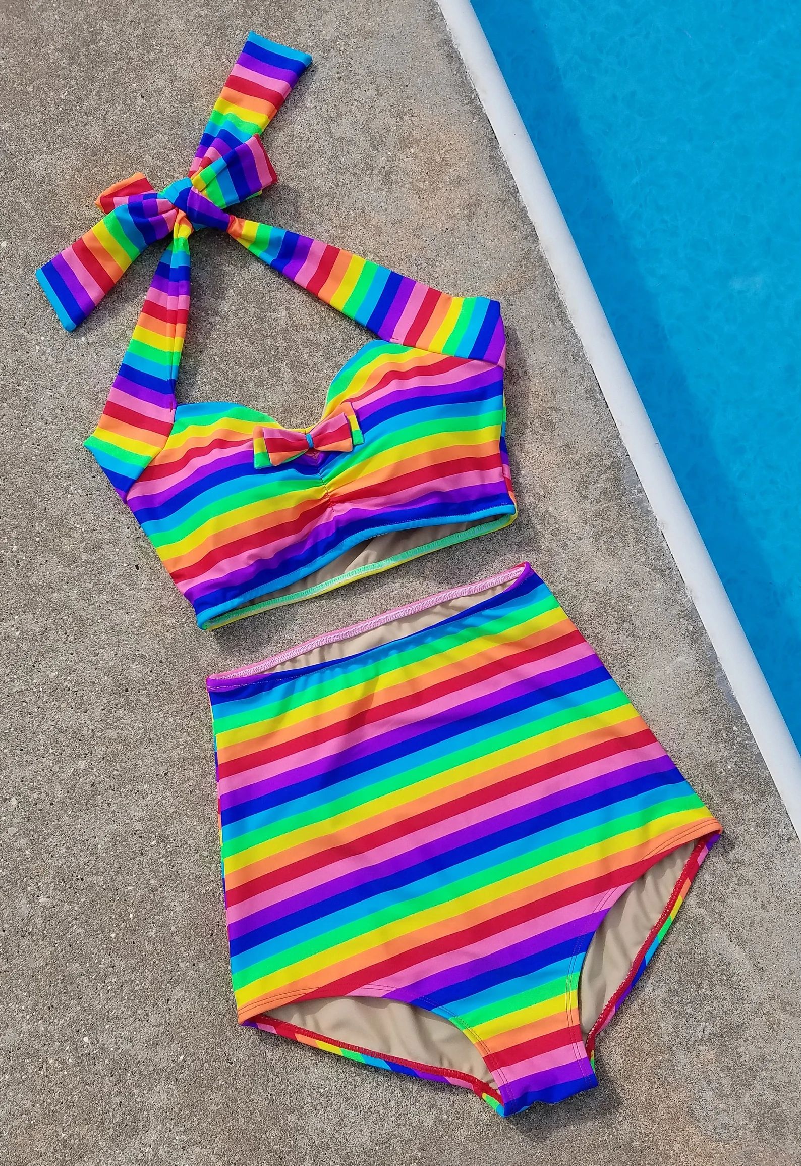 Rainbow stripe Retro Pin up bikini Two piece swimsuit size | Etsy | Etsy (US)