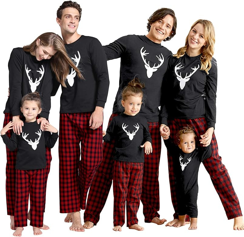 IFFEI Matching Family Pajamas Sets Christmas PJ's with Deer Long Sleeve Tee and Plaid Pants Loung... | Amazon (US)