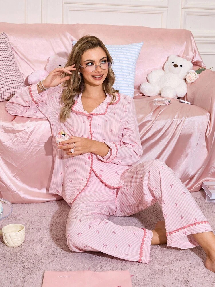 SweetSlumber Women's Striped Bow Print Long Sleeve Top & Pants Pink Striped Pajamas Set, Fall Winter Clothes | SHEIN