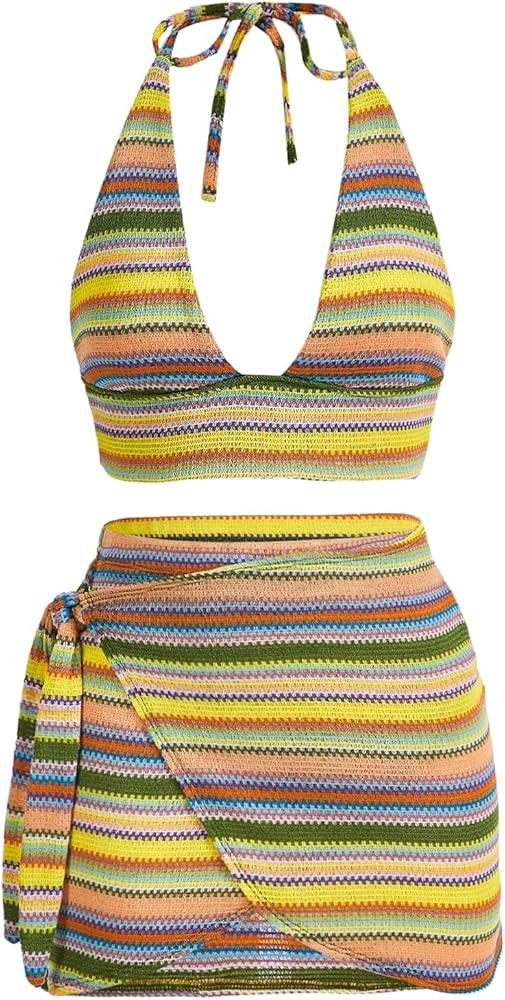 SHENHE Women's Crochet Knit 2 Piece Outfits Striped Backless Halter Crop Top and Wrap Mini Skirt ... | Amazon (US)