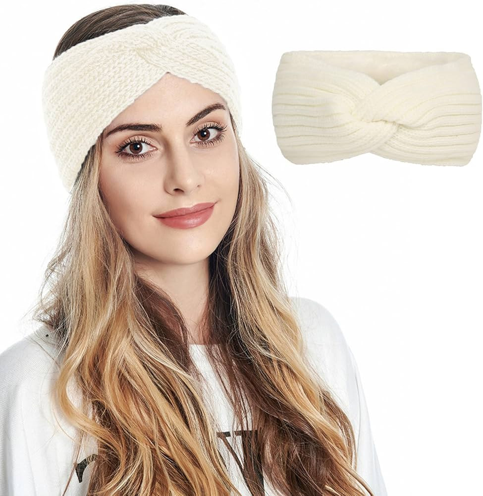 Women's Winter Warm Headband Fuzzy Fleece Lined Thick Knitted Ear Muffs Fashion Criss Cross Knott... | Amazon (US)