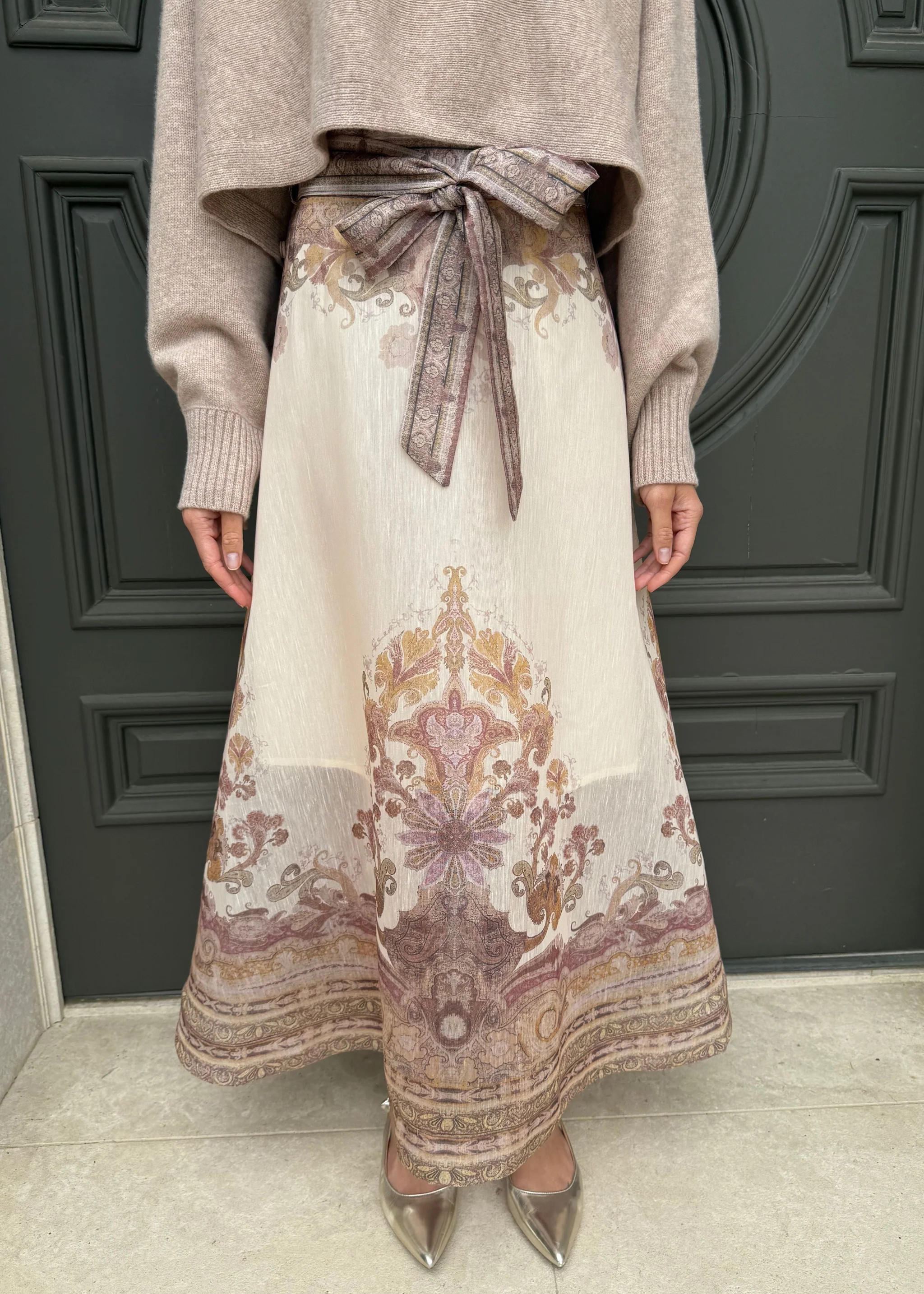 Katherine Tie Waist Maxi Skirt - Pink and Brown | Benaar La