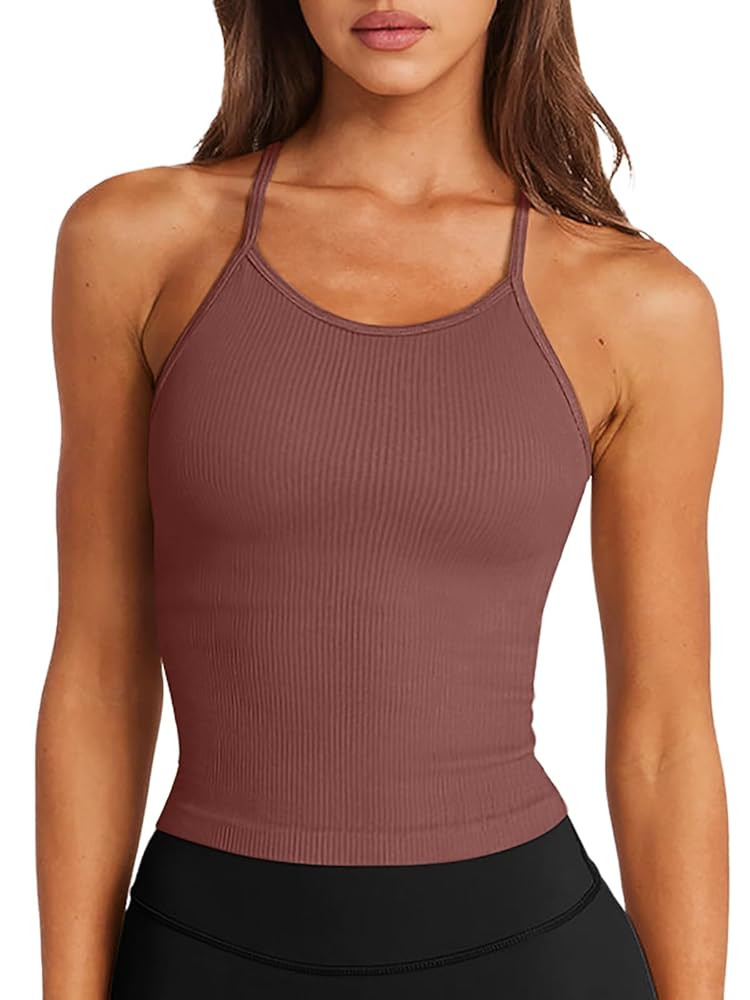 LASLULU Womens Sports Bra Seamless Long Crop Tank Racer Back Spaghetti Strap Workout Yoga Bra Pad... | Amazon (US)