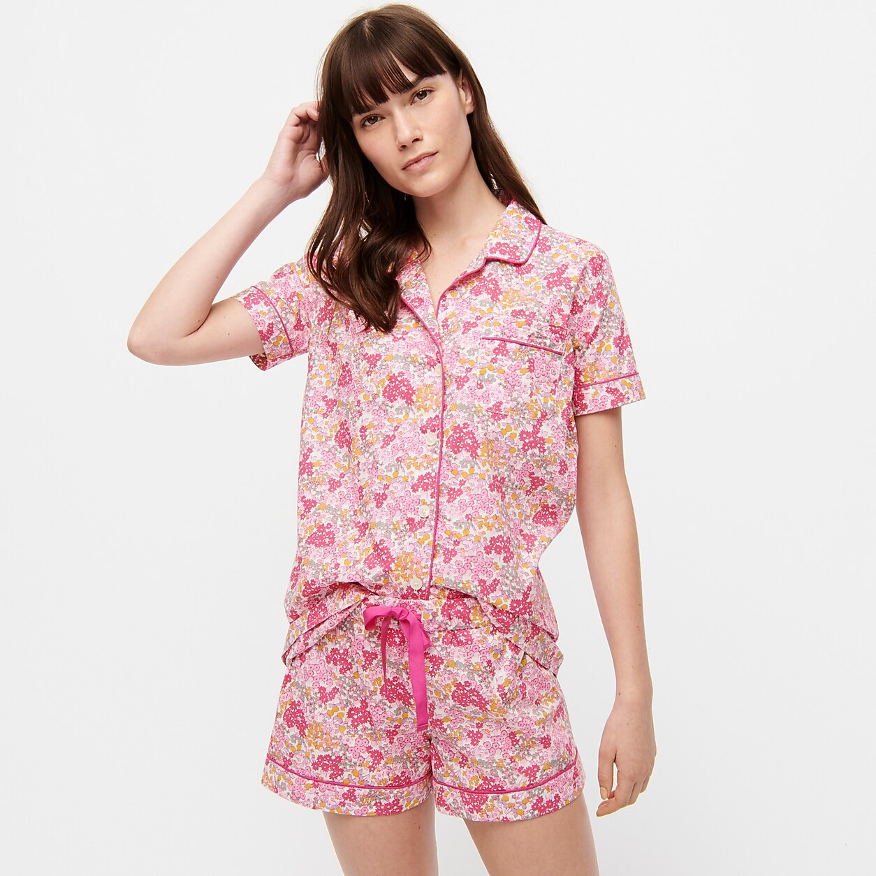 Short-sleeve cotton pajama set in pink microfloral | J. Crew US