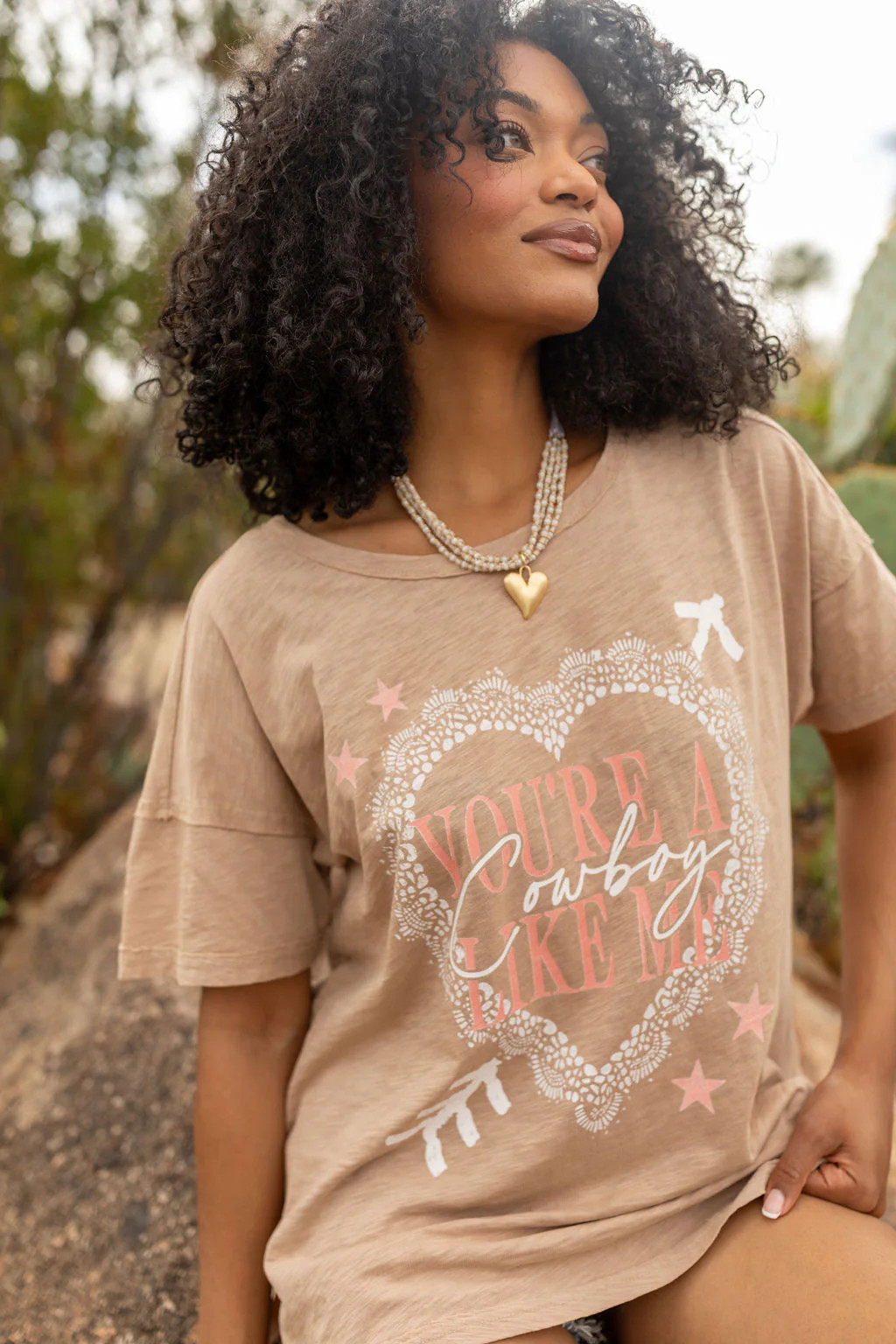 You're A Cowboy Like Me Taupe Split Hem Graphic Tee | Pink Lily