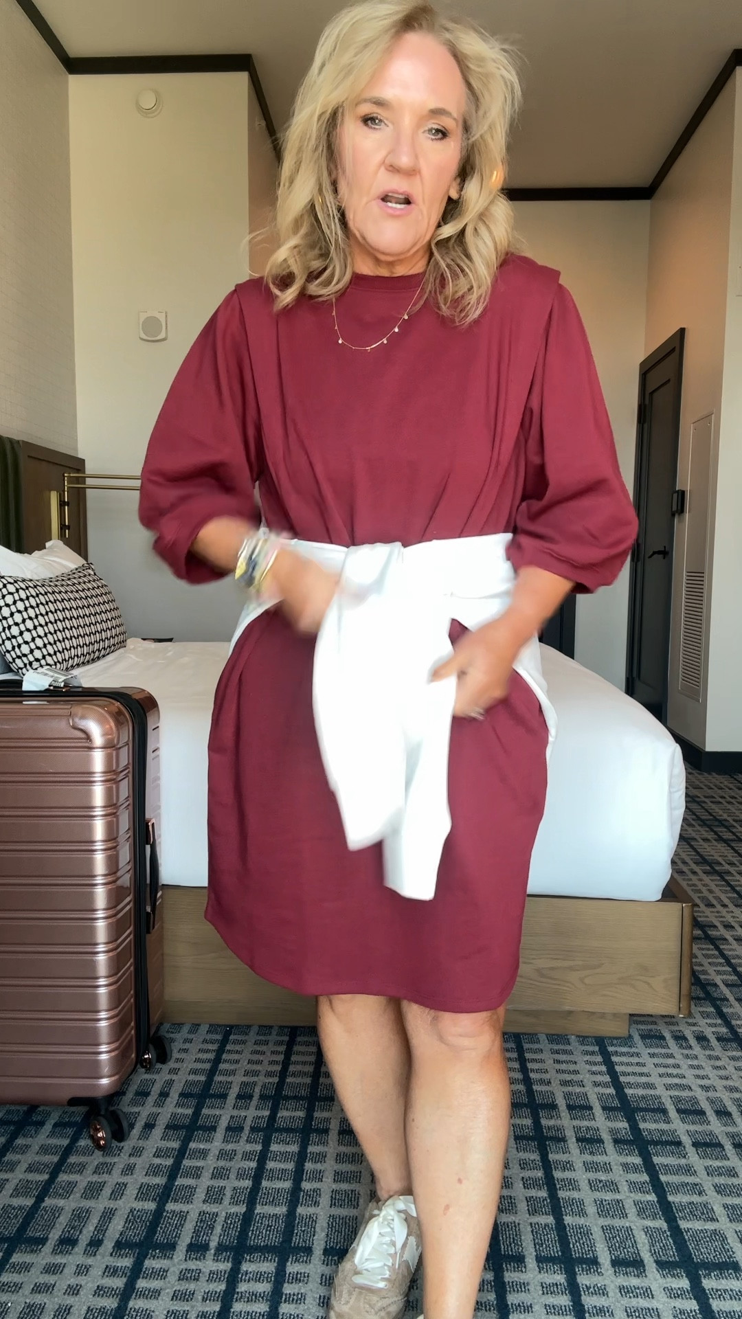 Nordstrom rack dress wearing a medium it is pretty generous
Spanx crewneck in the powder color. I always bring it to travel. It’s great over your shoulders post workout or even part of your outfit. 
My Dolce Vita sneakers are on sale. They’re true size. 
20% off my bracelet stack with code  NANETTE20

#LTKFindsUnder100 #LTKOver40 #LTKCon