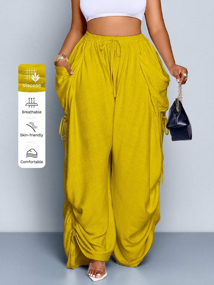 LocalSOLERSUN Plus Size Women Solid Color Casual Loose Pocket Drawstring Pants | SHEIN