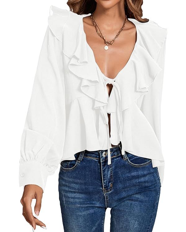 LYANER Women's Solid Deep V Neck Long Sleeve Crop Top Tie Front Chiffon Ruffle Hem Blouse Shirt | Amazon (US)