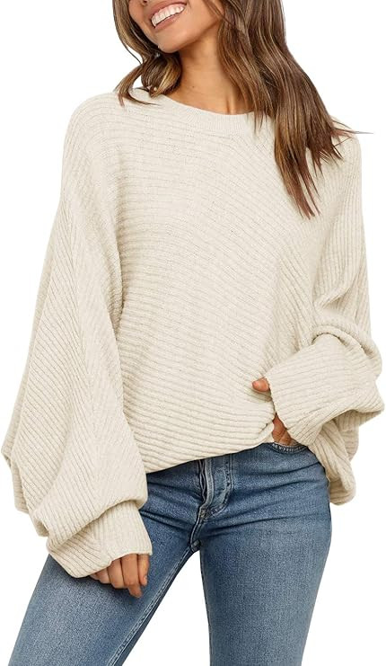 Mafulus Women's Oversized Crewneck Sweater Batwing Puff Long Sleeve Cable Slouchy Pullover Jum... | Amazon (US)
