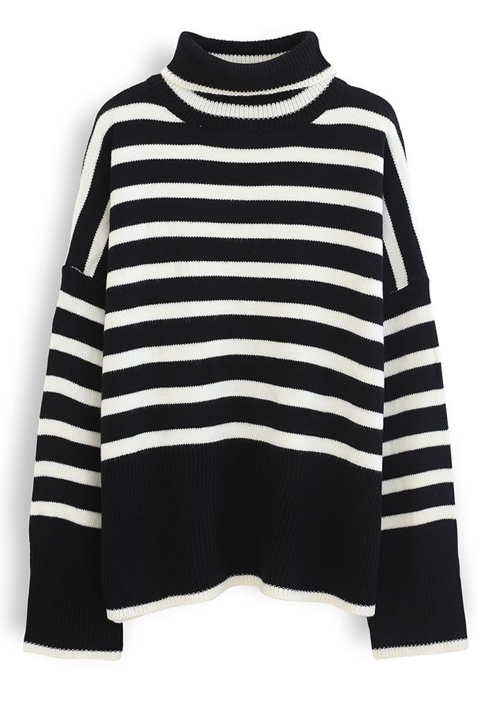 Striped Oversize Flare Sleeve Turtleneck Knit Sweater in Black | Chicwish