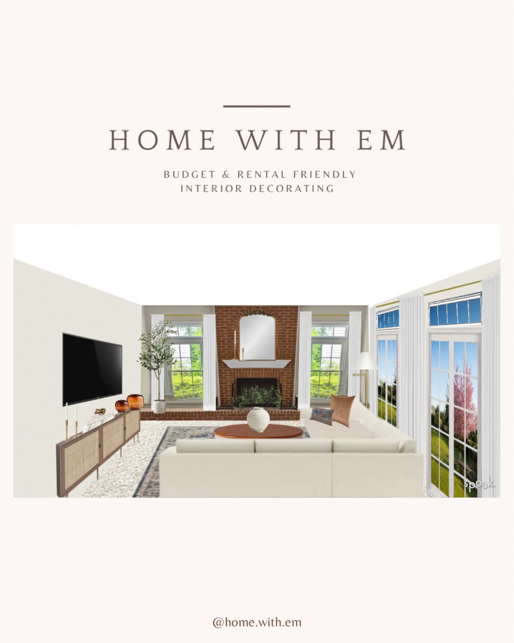 A traditional living room with a large cream sectional that seats 7, a mirror over the fireplace, rattan tv stand, curtains a land curtain rods.

#LTKfamily #LTKstyletip #LTKhome