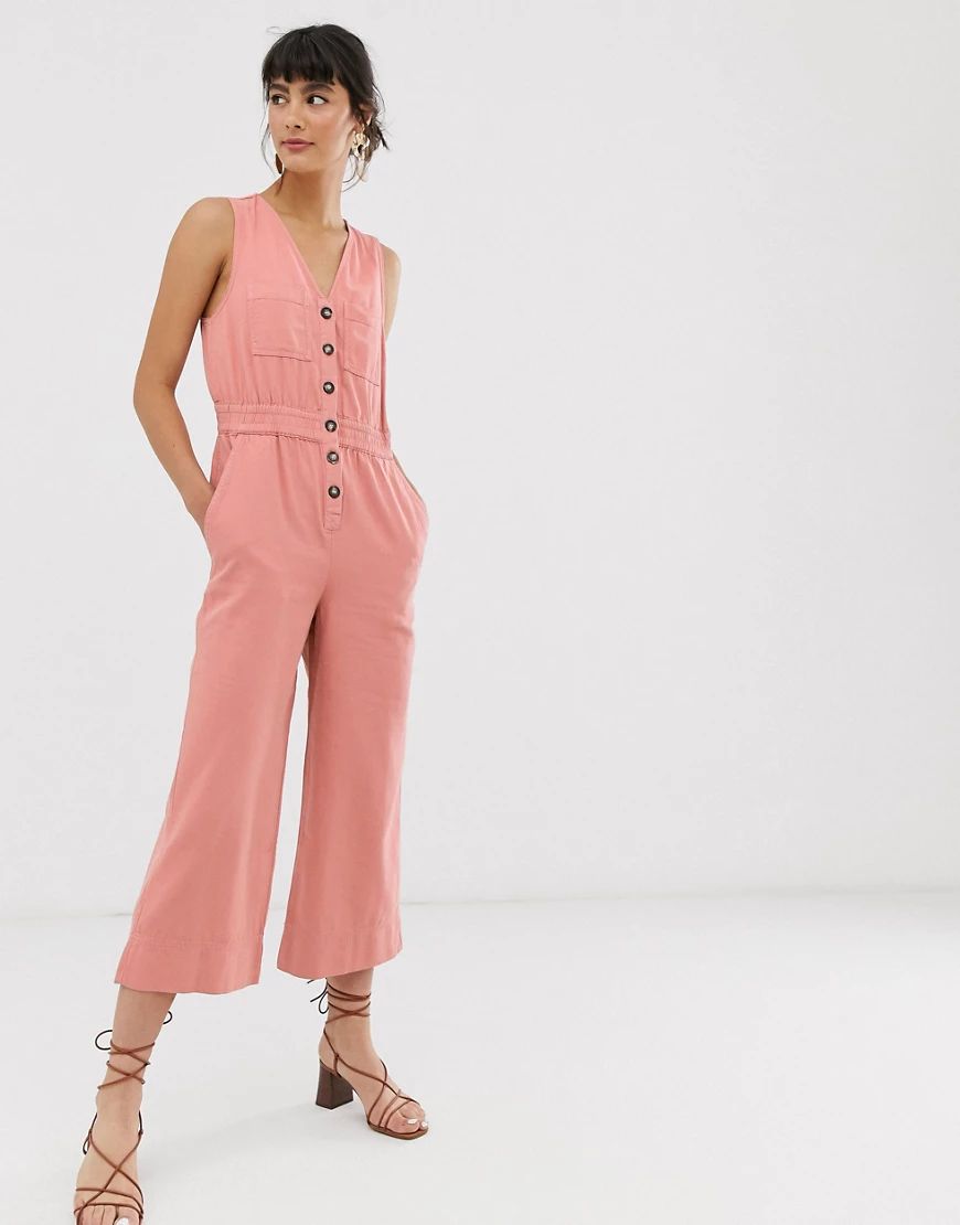 Whistles ria denim jumpsuit with button front-Pink | ASOS (Global)