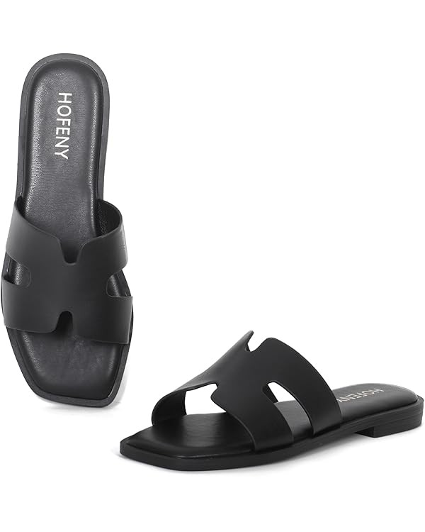 Womens Slip On Flat Sandals Soft Leather Open Toe Slide for Summer Dressy | Amazon (US)