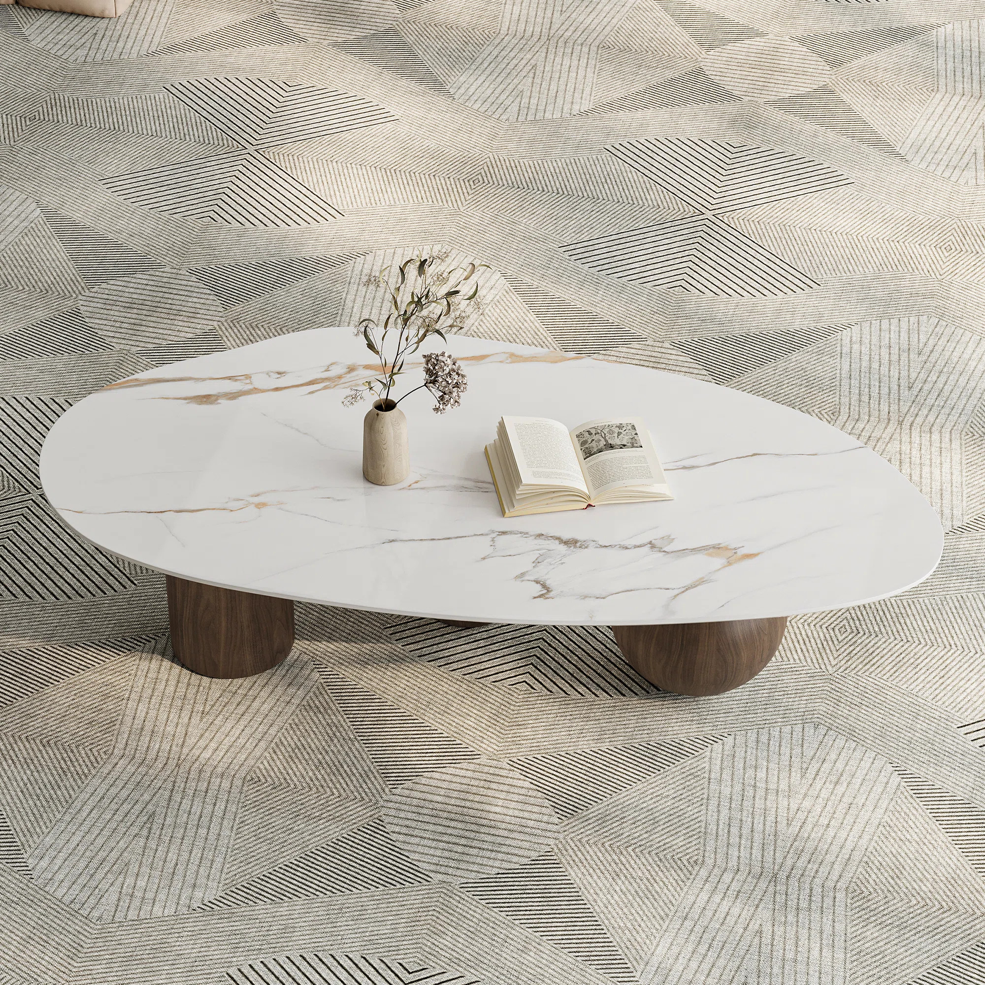 Modern 54" Coffee Table, White Sintered Stone Table-top, 3 Stainless Steel legs, Free form | Wayfair North America