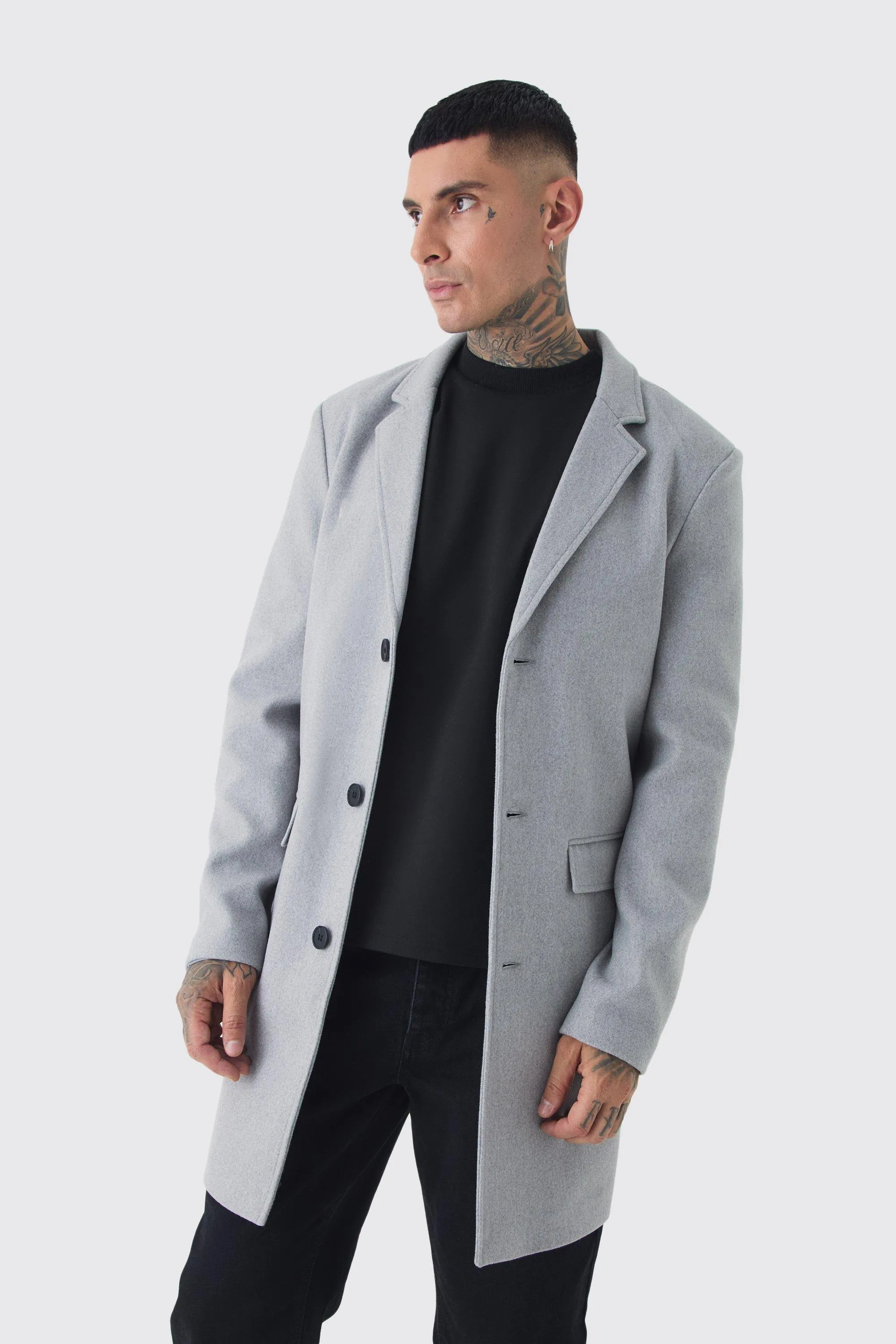 Tall Single Breasted Wool Look Overcoat in Grey | boohooMAN (US & Canada)
