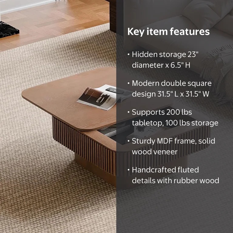 LKTART Square Coffee Table for Living Room,Fluted Drum Accent Tea Center Table with Storage,Solid... | Walmart (US)