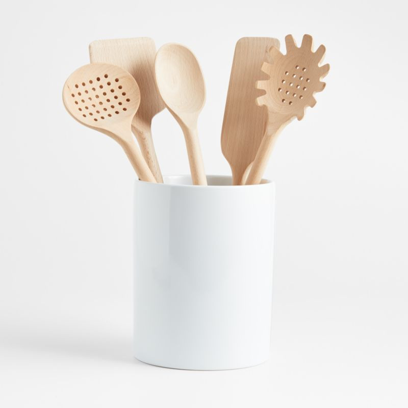 Crate & Barrel Beechwood Utensils with Holder, Set of 6 | Crate & Barrel