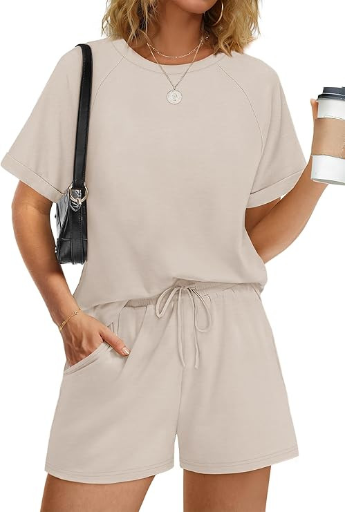 WIHOLL Lounge Sets for Women Short Sleeve 2 Piece Summer Outfits Airport Travel Vacation Lounge S... | Amazon (US)