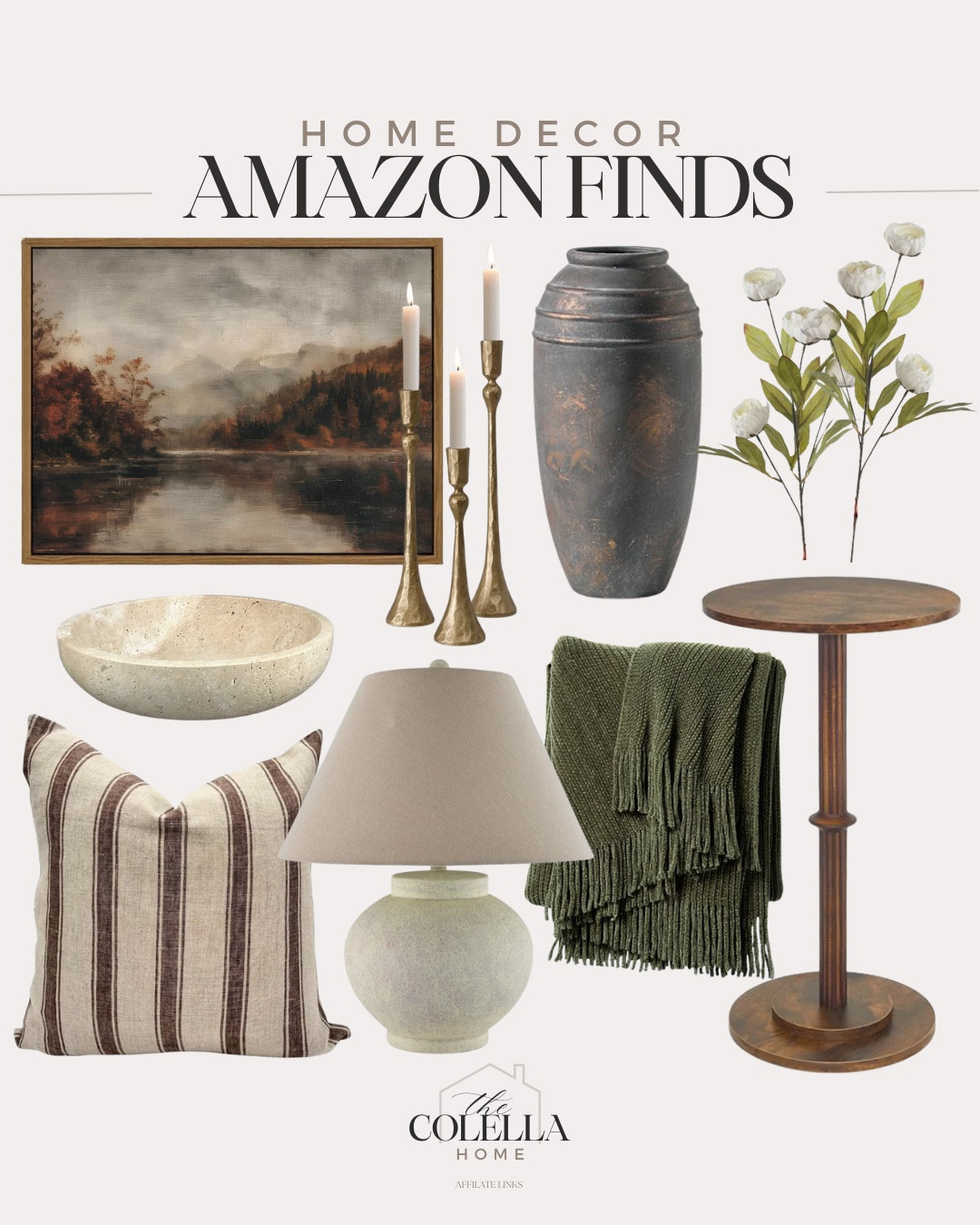 Amazon home decor includes side table, throw blanket, table lamp, throw pillow, decorative bowl, wall art, candle stick holder, vase, and floral stems.

Home decor, neutral home decor, Amazon finds, looks for lesss

#LTKHome #LTKFindsUnder50 #LTKFindsUnder100