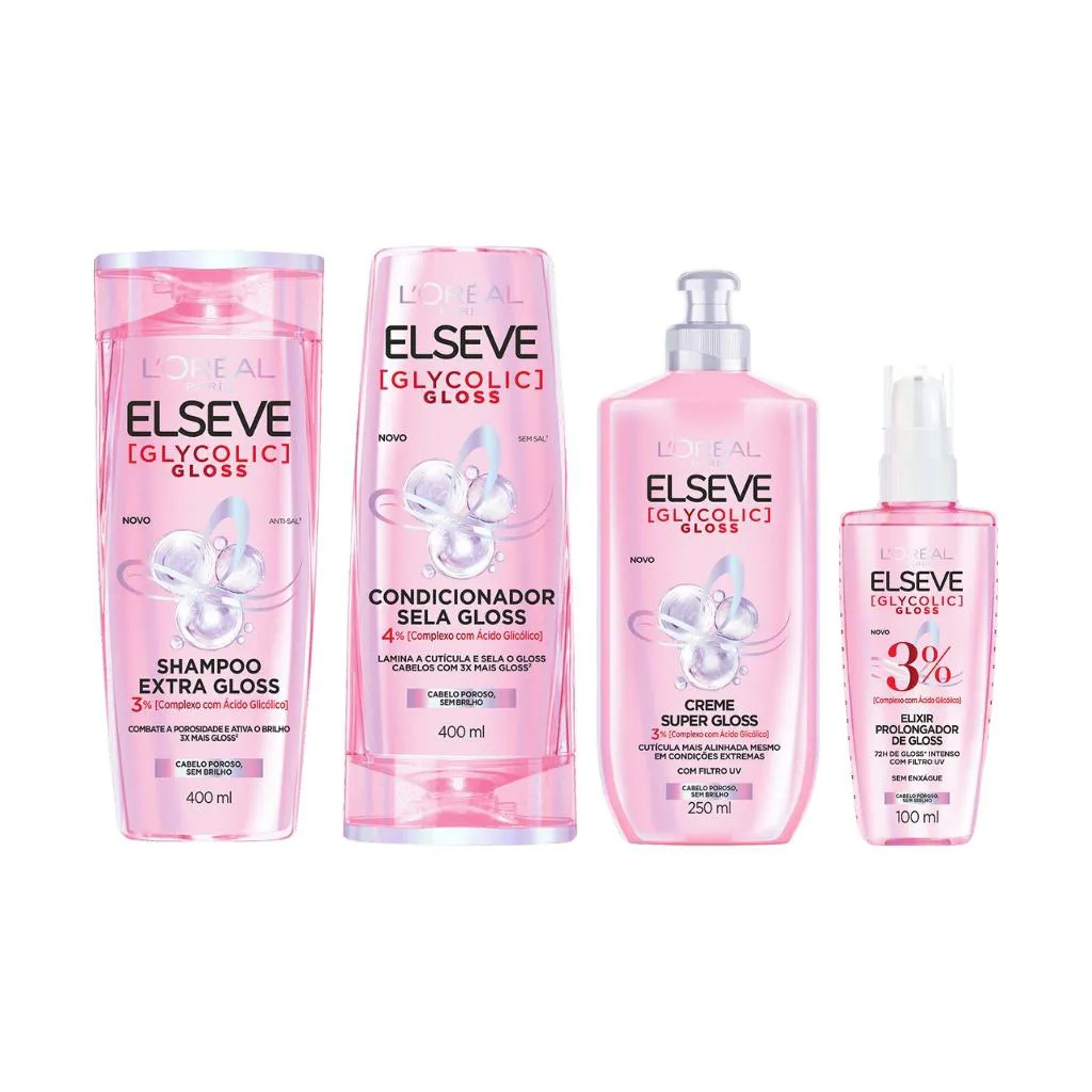 Kit Elseve Glycolic Gloss Sh 400Ml+Cond 400Ml+Creme Pt+Serum | DrogaRaia (BR)