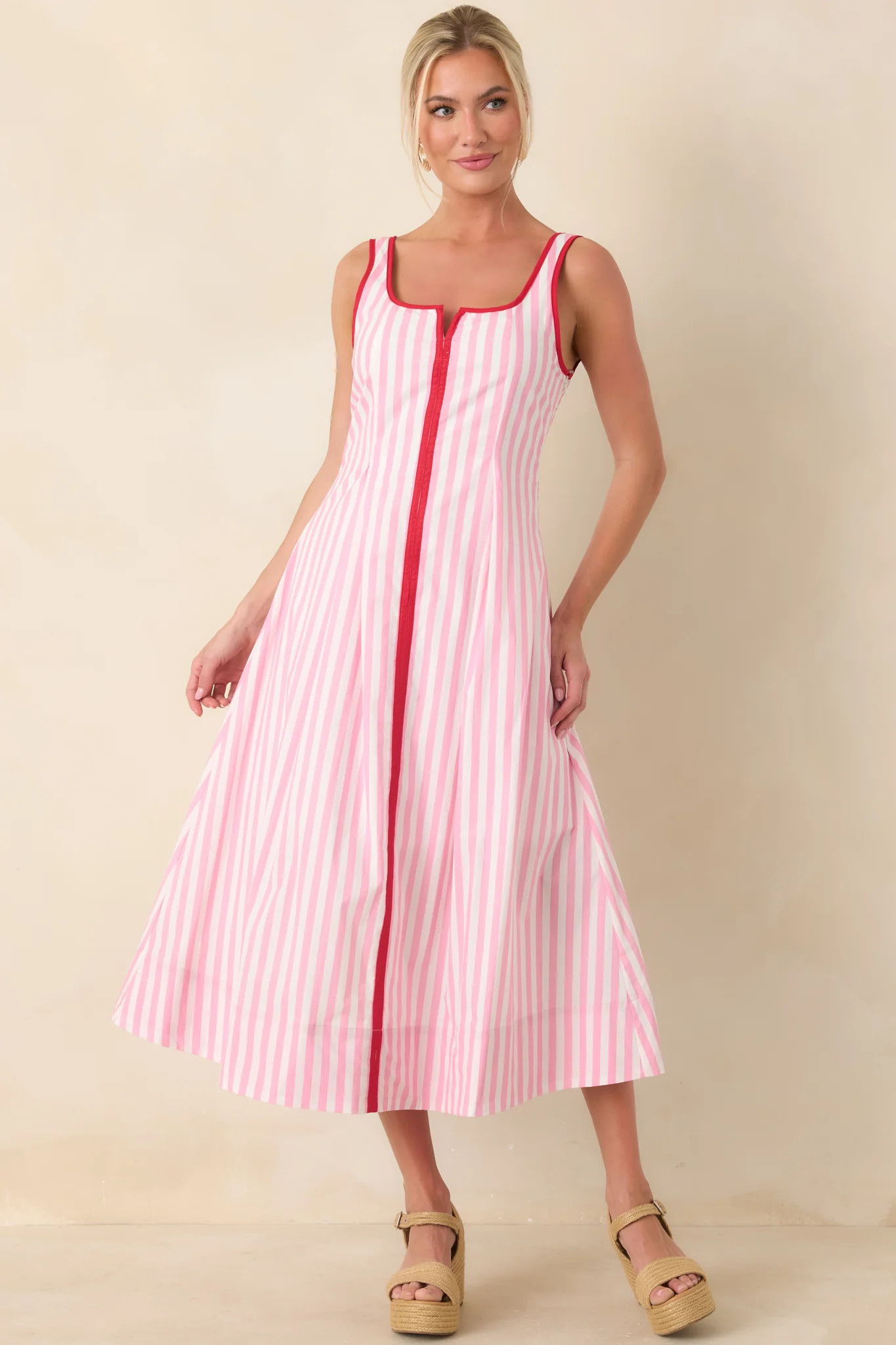 All Smiles Pink & White Stripe Midi Dress | Red Dress
