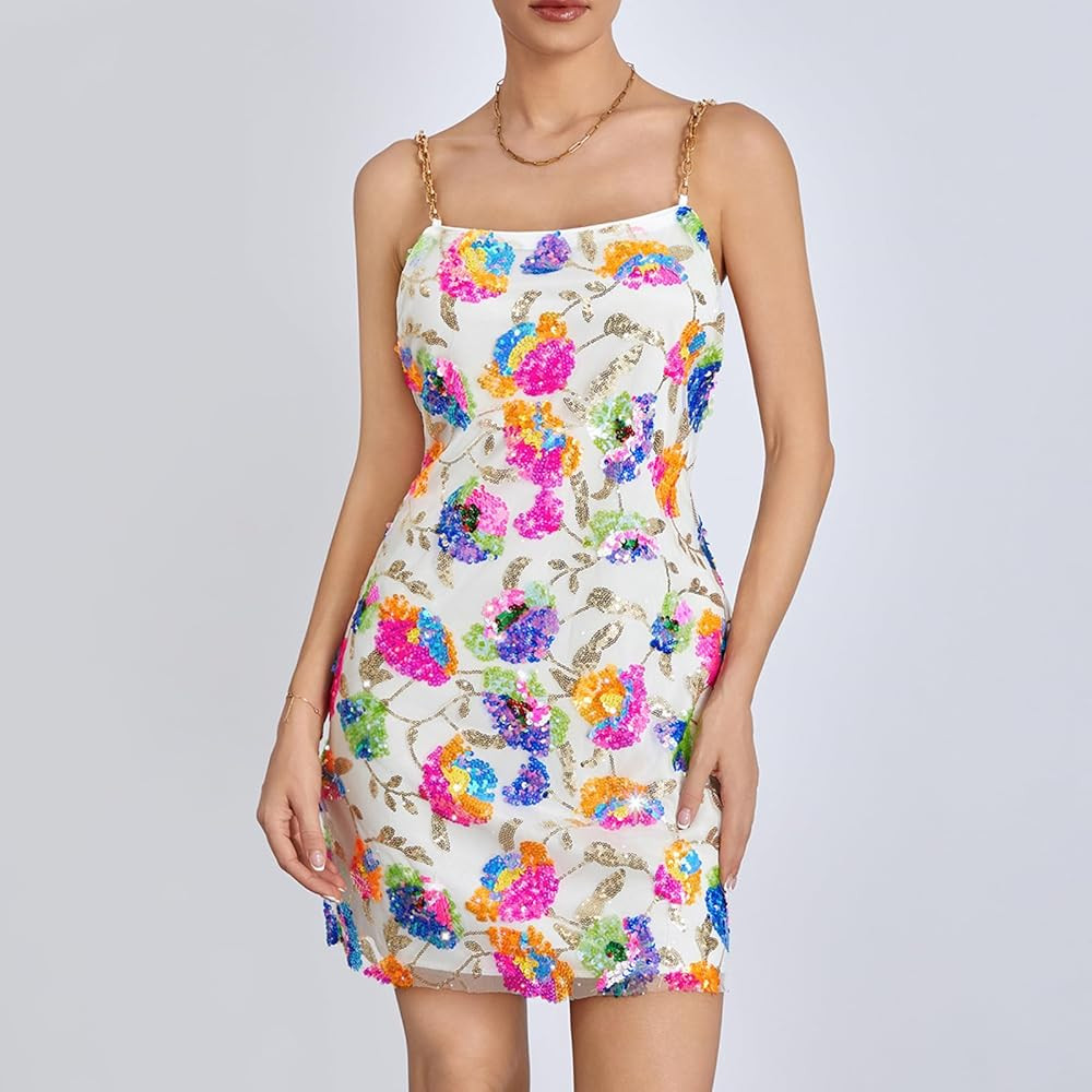 Sexy Women Sparkle Sequin Dresses Sleeveless Low Cut Spaghetti Strap Mini Dress Rave Party Cockta... | Amazon (US)